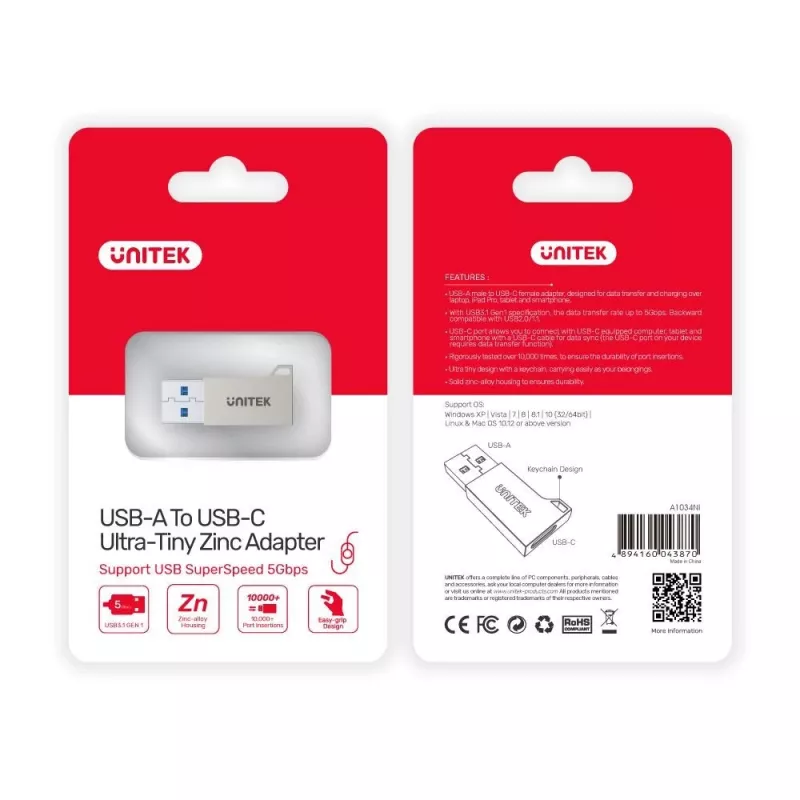 USB-A savienotāju adapteris Unitek A1034NI, sudrabains, USB 2.0/3.2 Gen1, līdz 5 Gbit/s, cinka korpuss, 36×16,7×5,7 mm