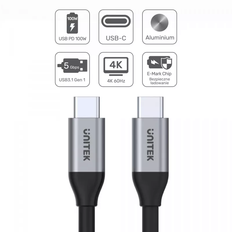 UNITEK C14091ABK USB kabelis USB 3.2 Gen 2 2m USB C Melns