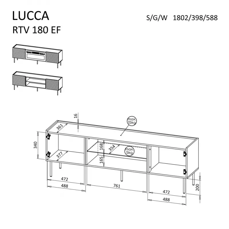 TV skapītis Cama Meble LUCCA 180x40x59 cm, melna virsma un rāmis, skaidu plātne, ietver melnu kamīnu