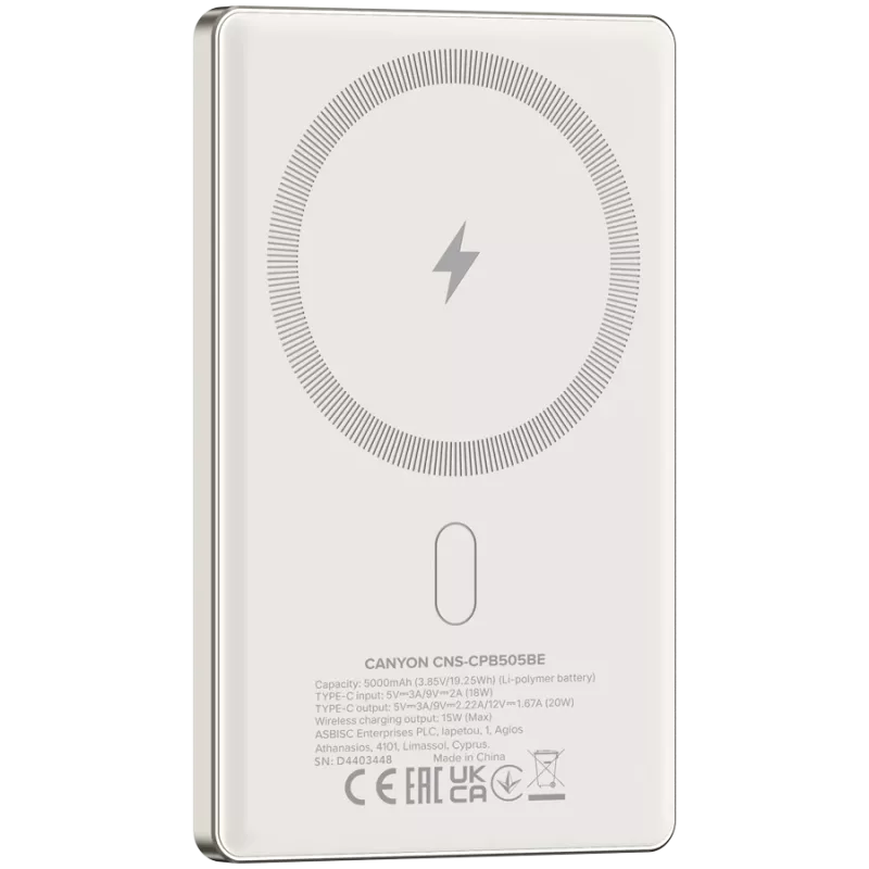 Canyon OnPower 505 - Powerbank - 5.000 mAh - ieeja USB-C - izeja USB-C PD 20W + bezvadu magnēts 1