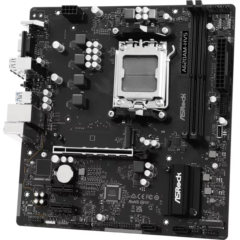 Mātesplate ASRock A620AM-HVS Micro ATX — AMD A620A mikroshēmojums, Socket AM5, DDR5, 2 DIMM, līdz 128 GB, HDMI 2.1, M.2 2280