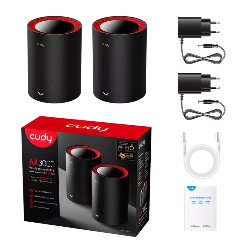 Cudy M3000 2-Pack Dual-band (2.4 GHz / 5 GHz) Wi-Fi 6 (802.11ax) Melns, Sarkans 1 Iekšējā