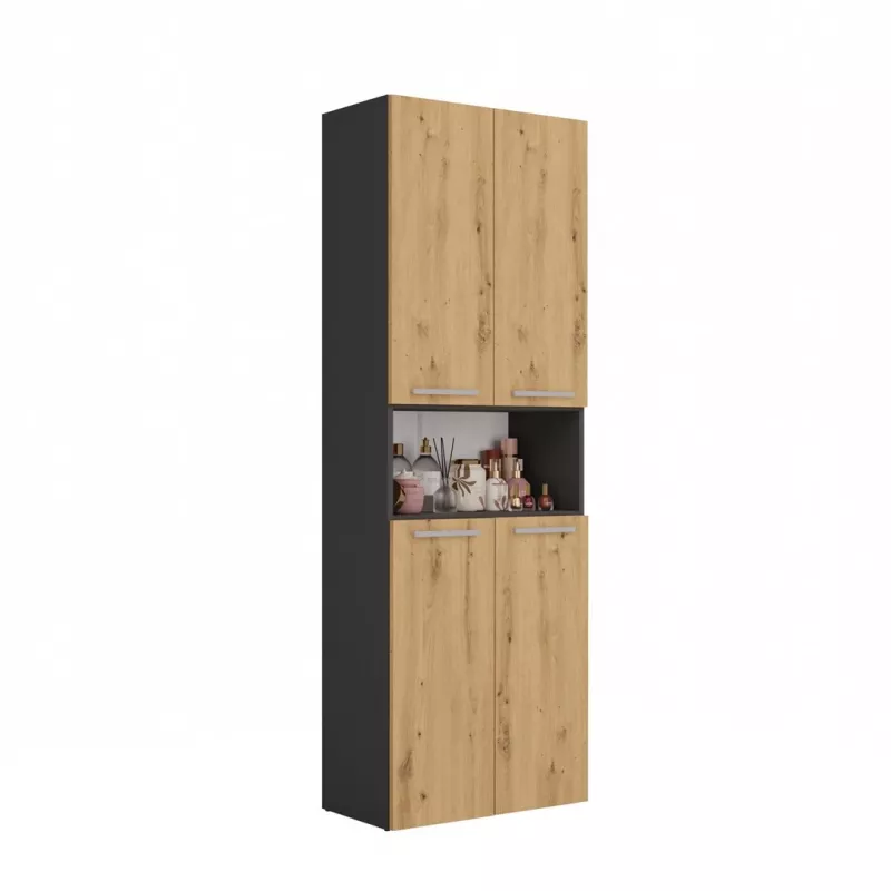 Vannas istabas uzglabāšanas skapis Top e Shop NEL 2K DK ANT/ART KP — Grafīts/Ozols, brīvi stāvošs, 600×300×1740 mm, 3 plaukti