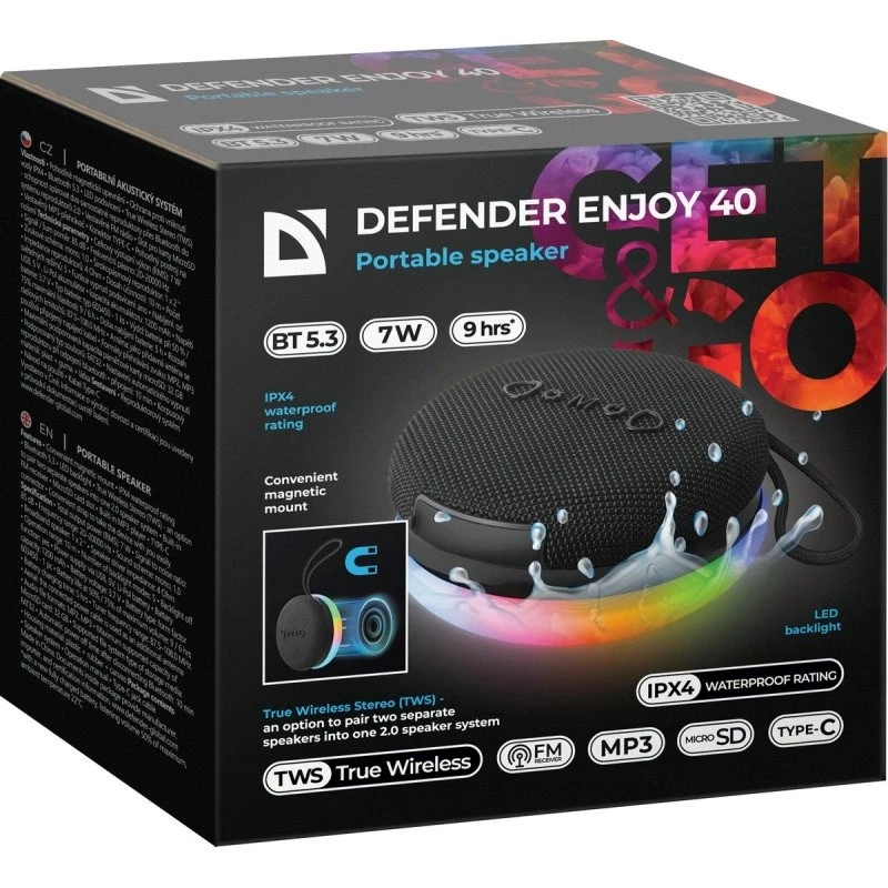 Portable Bluetooth speaker DEFENDER ENJOY 40 — 7 W RMS, Bluetooth 5.3, LED illumination, LiPo baterija, 9 h, Melns