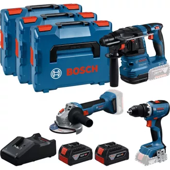18V Professional Set, GBH 18V-22 + GSR 18V-65 + GWS 18V-8 Professional, instrumentu komplekts zils, 2x litija jonu akumulators 5,0 Ah, 3 L-BOXX kastēs