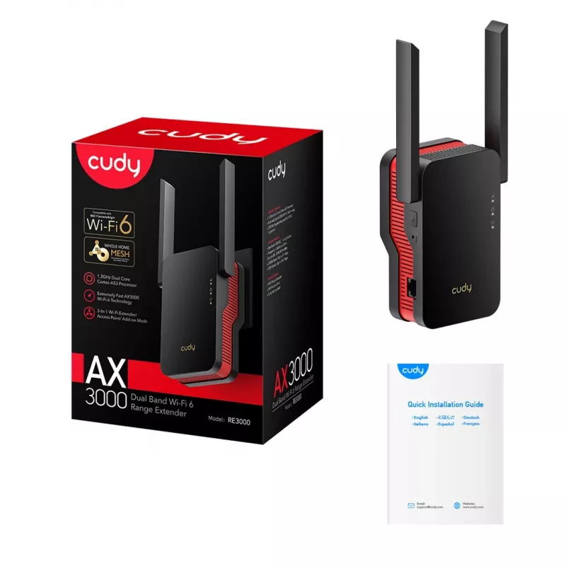 Wi‑Fi signāla pastiprinātājs Cudy RE3000 2400–5000 MHz, 802.11ax/ac/n/g/b/a, Ethernet 100 Mbps, ārējā antena, melns/sarkans