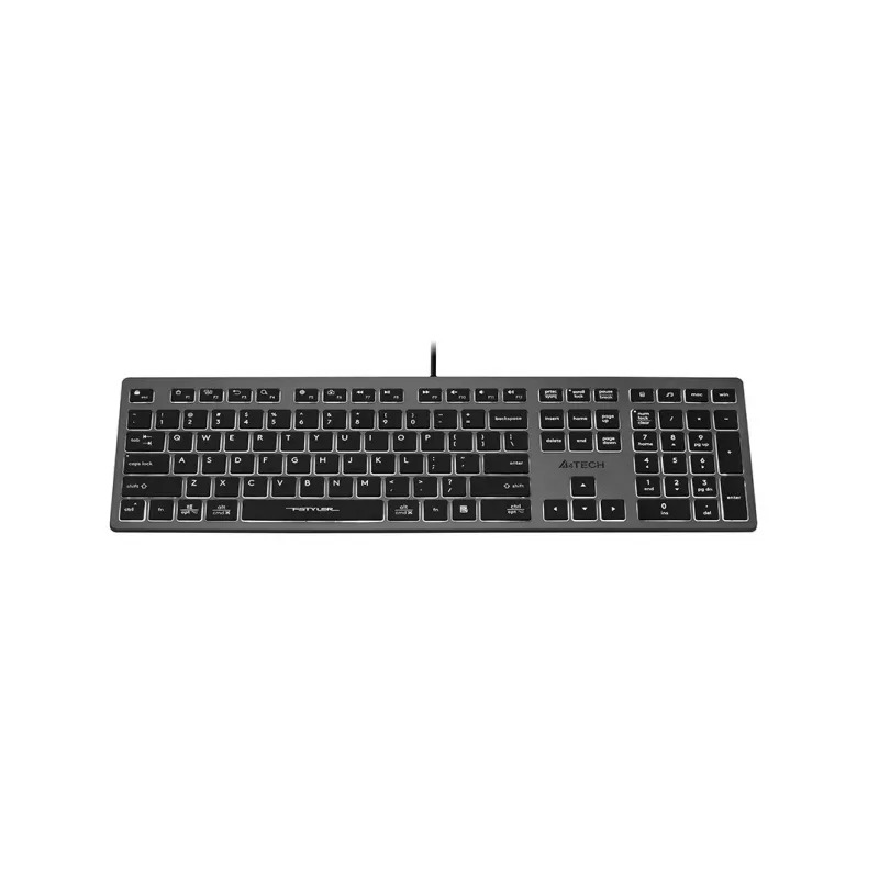 Vadu A4Tech tastatūra FX60H USB QWERTY — pilna izmēra 100%, apgaismota, pelēka, USB centrmezgls