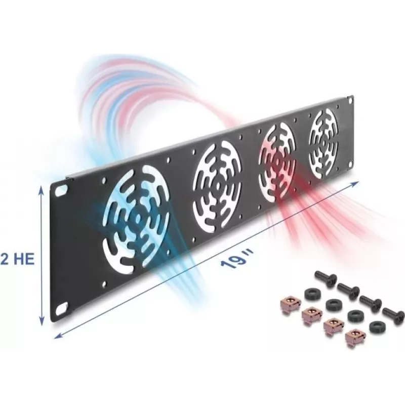 Pārsegplāksne DELOCK 67416 — metāla statīva piederums ar 4 iebūvētiem ventilatoriem, tumši pelēks
