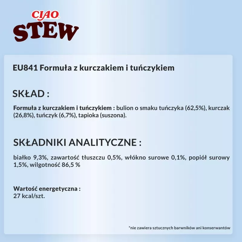 Mitrs kaķu kārums INABA Ciao Stew Chicken & Tuna 40 g iepakojumā, gaļīgs maisiņš, 86,5% mitrums