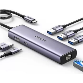 Ugreen 15598 USB 3.2 Gen 1 Type-C centrmezgls HDMI RJ-45 USB 3.0 Sudraba
