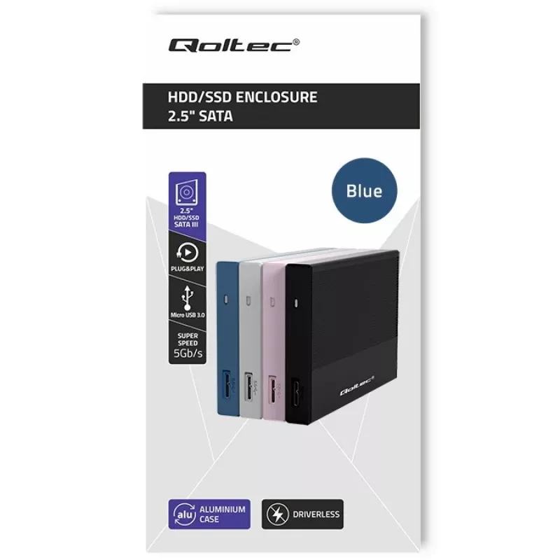 Ārējais 2,5 collu SSD/HDD korpuss QOLTEC 52276 USB 3.0 SATA līdz 2 TB