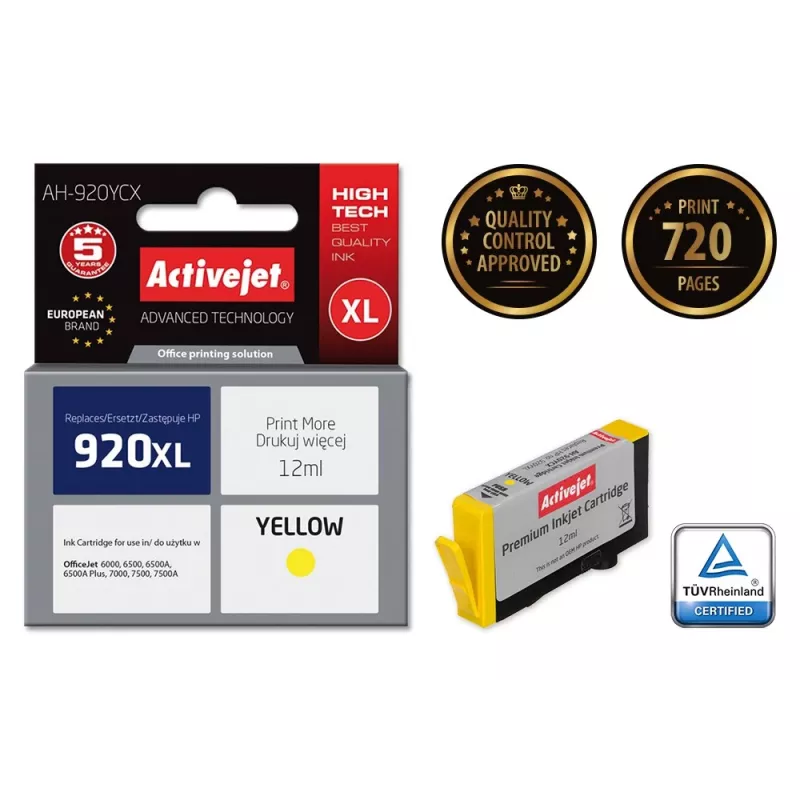 Tintes kasetne ActiveJet AH-920YCX saderīga ar HP 920XL (Dzeltena, 12 ml, XL)