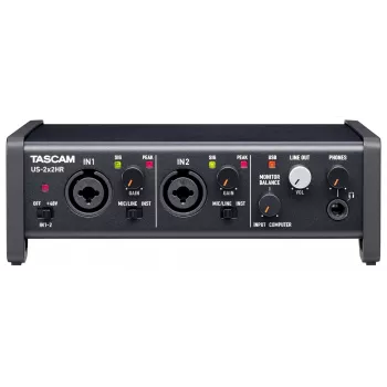 Audio saskarne Tascam US-2X2HR, 2 x XLR/kombinētās ieejas, 192 kHz, USB 2.0, MIDI ieeja/izeja, darbvirsmas, melna
