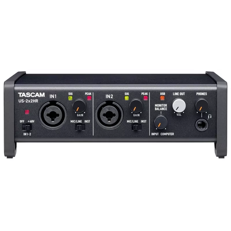 Audio saskarne Tascam US-2X2HR, 2 x XLR/kombinētās ieejas, 192 kHz, USB 2.0, MIDI ieeja/izeja, darbvirsmas, melna