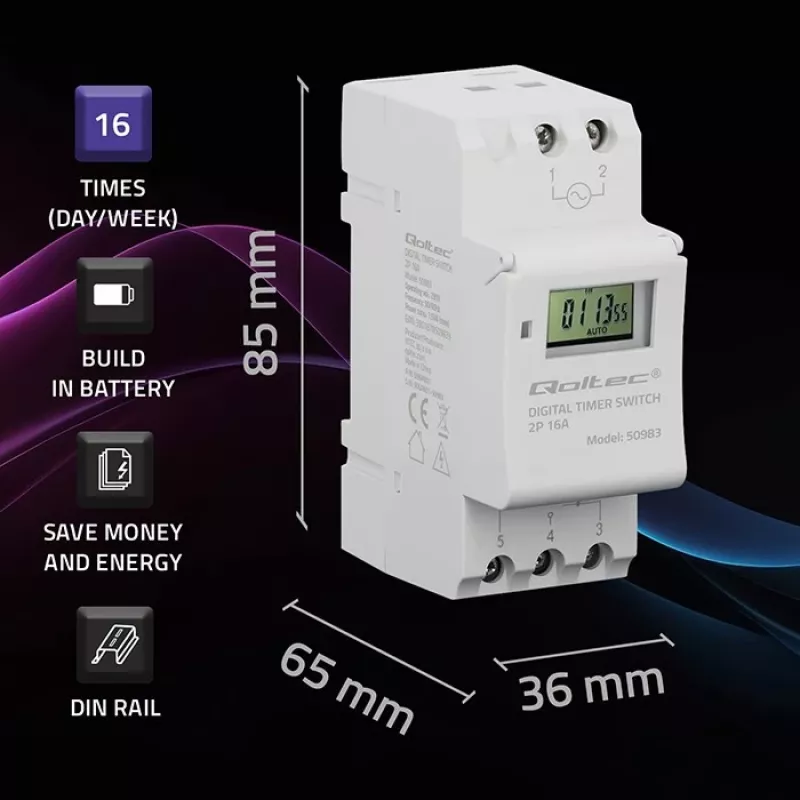 DIN-sliedes elektroniskais taimera slēdzis QOLTEC 50983, darbināms ar baterijām, automatizācijas shēmām