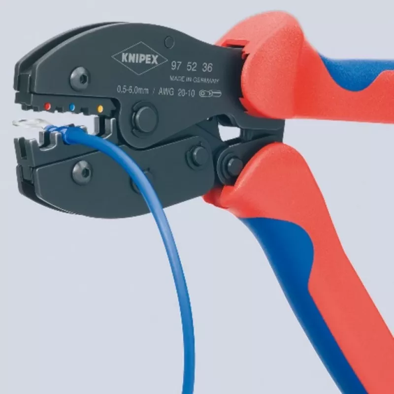 Krimperis Knipex PreciForce modelis 975236 SB — izolēti rokturi melnā, zilā un sarkanā krāsā