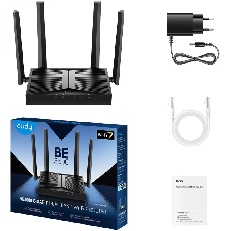 Galda maršrutētājs Cudy WR3600 divjoslu Wi-Fi 7 (802.11be), līdz 2882 Mbps, 4× Gigabit LAN, 1× WAN, melns