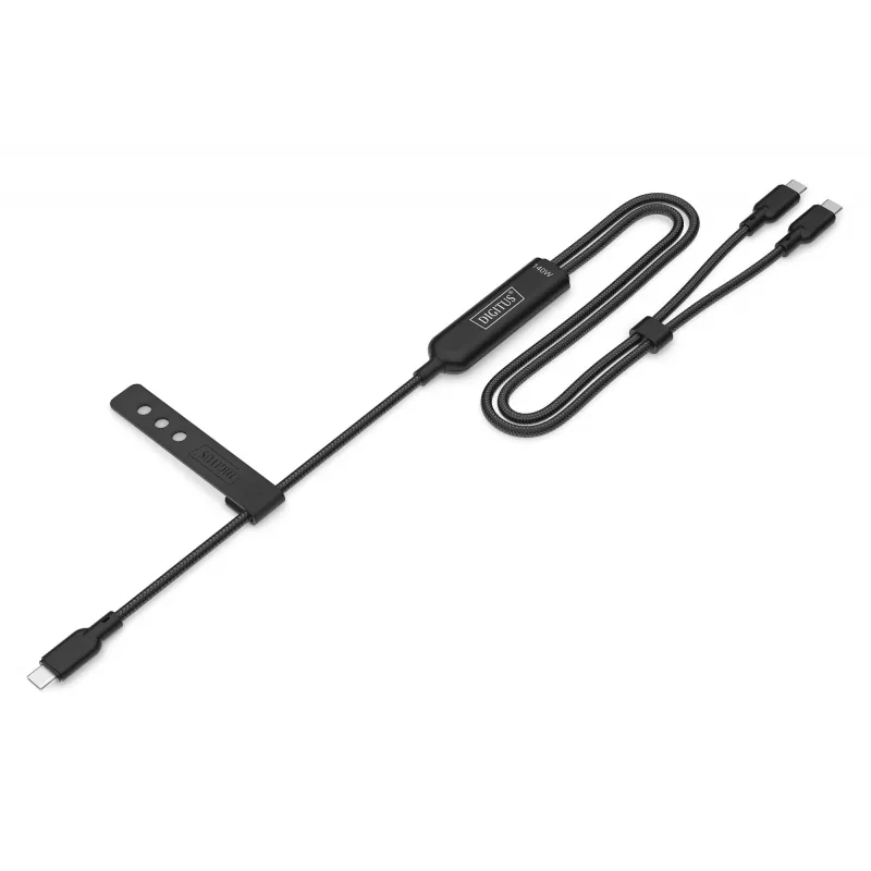 DIGITUS USB-C 2-in-1 uzlādes kabelis 140 W, USB-C uz 2×USB-C, 1,8 m, USB 2.0, melns