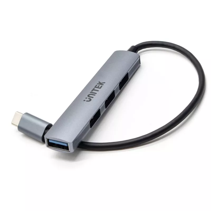 USB-C centrmezgls Unitek H1208B — 1x USB-A 5 Gbps, 3x USB-A 2.0, USB-C saimniekdators, alumīnija korpuss, 0,20 m kabelis