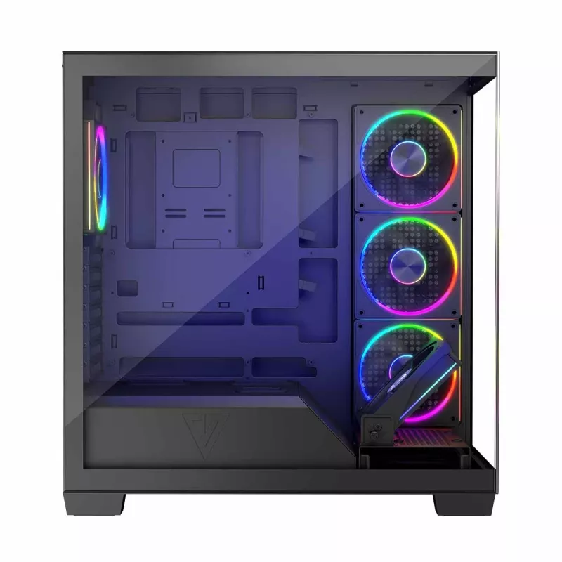 PC korpuss MODECOM Volcano Stellar 5F ATX Midi Tower, rūdīts stikls, 5 iepriekš uzstādīti ventilatori, USB‑C, atbalsta microATX/ATX, maks. GPU 420 mm, CPU dzesētāja augstums 175 mm