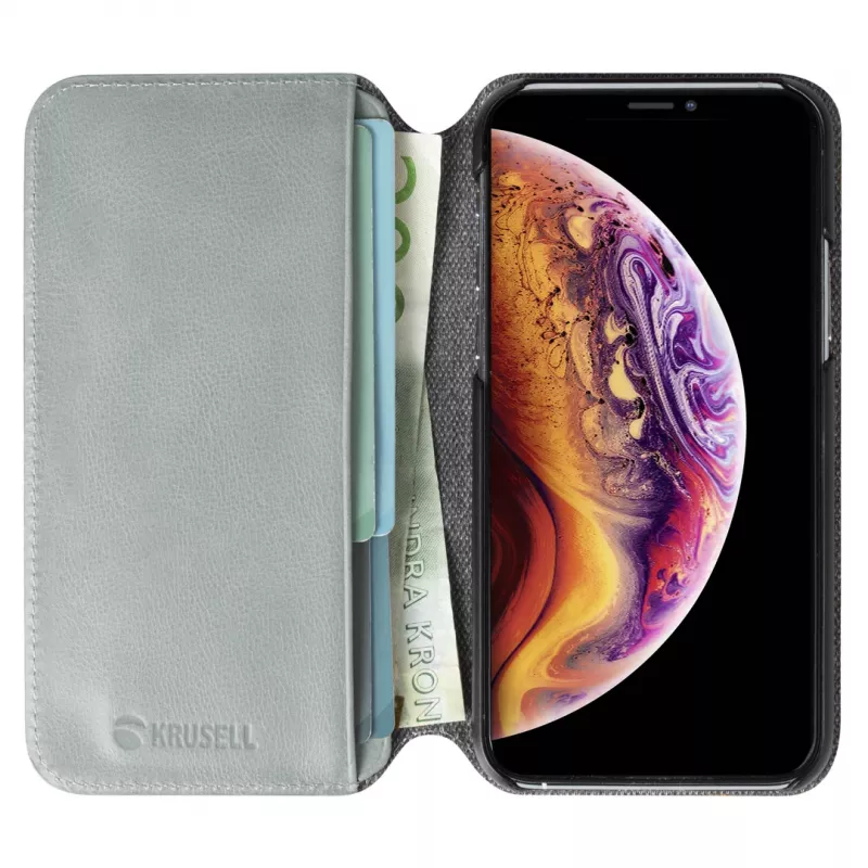 Tālruņa maciņš Krusell Sunne Apple iPhone 11 Pro — antīki pelēks, folijas stila vāciņš ar kartes kabatu