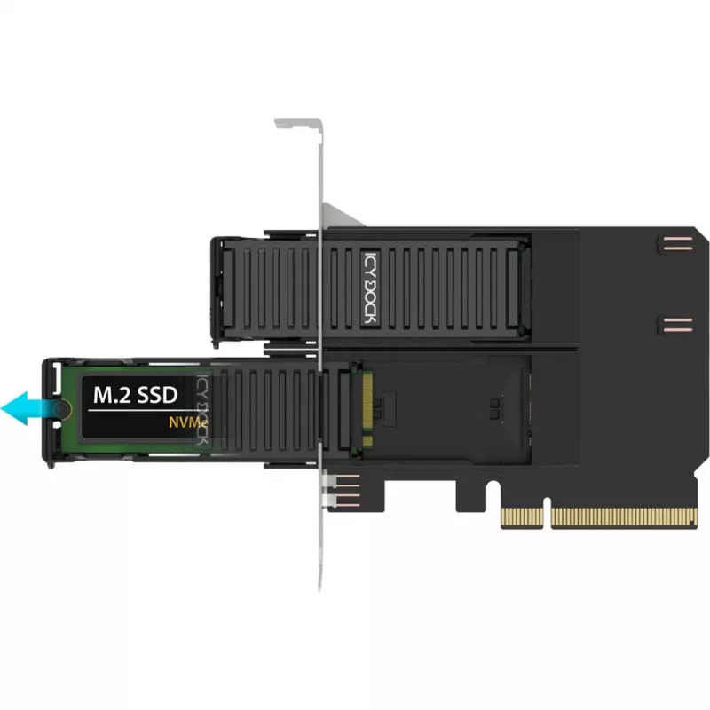 PCIe adaptera karte icybox MB312M4P-B — 2× M.2 NVMe uz PCIe 4.0 x8 (bifurkācija)