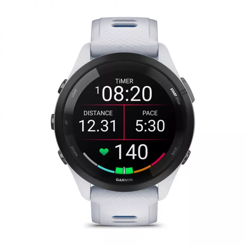 GARMIN Forerunner 265 viedpulkstenis — 46 mm GFRP korpuss, AMOLED 1,3 collas, GPS/GLONASS/Galileo, 15 dienu akumulators, 5 ATM, silikona siksniņa