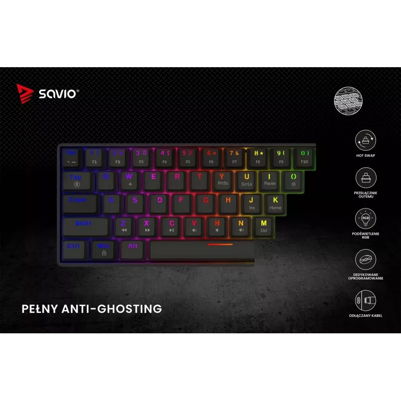 Mehāniskā spēļu tastatūra SAVIO MelnsOUT X2 PEACH — 61 taustiņu 60% QWERTY, RGB LED, hot-swap, USB Type-A/Type-C, noņemams kabelis