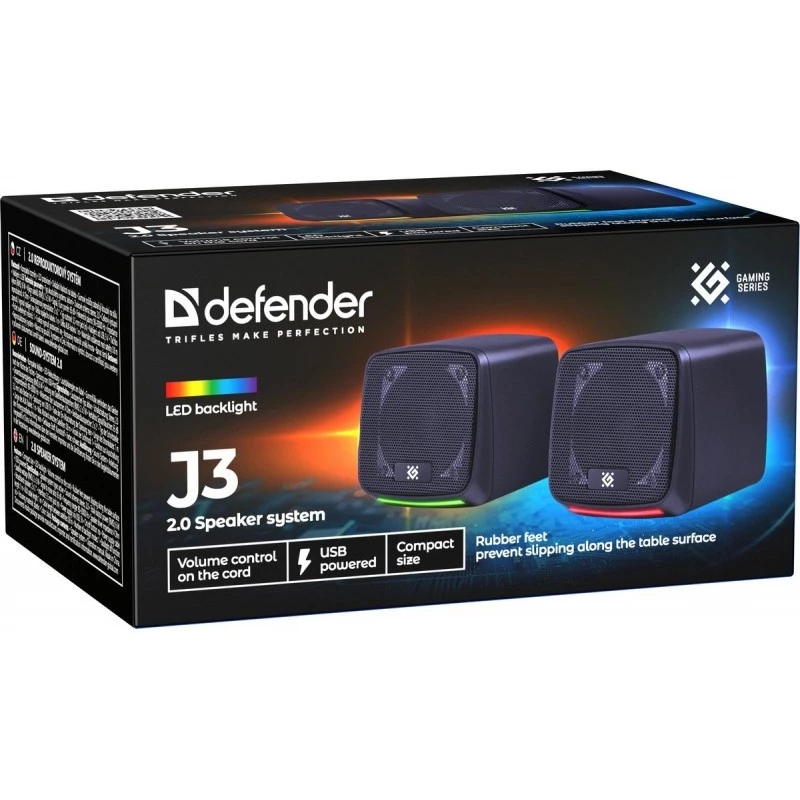 PC skaļruņi DEFENDER J3 2.0 6W LED USB, 2×3W RMS, 90–20000 Hz, 3.5 mm, melni