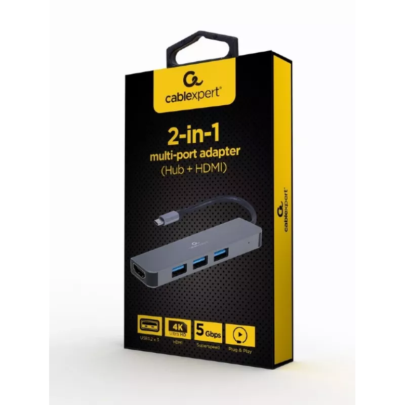 USB-C klēpjdatora dokstacija GEMBIRD A-CM-COMBO2-01 — USB 3.2 Gen 1 Type-C, 3× USB-A, 1× HDMI, pelēka