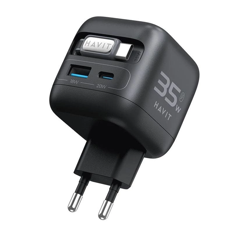 GaN ceļojumu lādētājs Havit UC250 A-EU 20V 1xUSB-C 0,7m melns