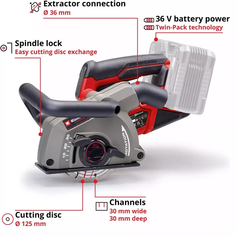 Sienas rievu frēze EINHELL TP-MA 36/30 Li BL-Solo 36 V, bezvada, bezsuku motors, modelis 4350800