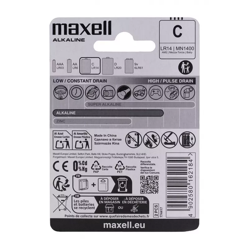 Vienreizēja baterija MAXELL LR14 (C) Alkaline 1.5 V, 2 gab., blistera iepakojums