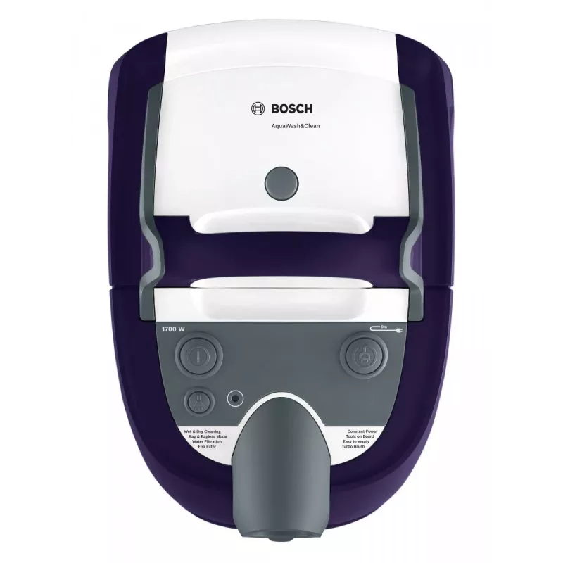 Mitrā un sausā putekļsūcējs Bosch BWD 41740 AquaWash&Clean — 1700 W, 5 L tvertne, EPA filtrs, teleskopiskā caurule, 9 m rādiuss, violets