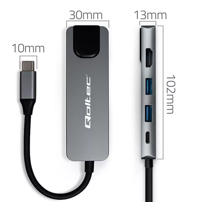 USB-C centrmezgls QOLTEC 53795 5-in-1 ar 100W PD, 2×USB-A, HDMI 4K, RJ45