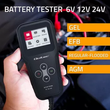 Qoltec 52489 Digitālais akumulatora analizators testētājs 3-in-1 ar LCD un daudzvalodu atbalstu 6V | 12V | 24V | 30Ah-200Ah