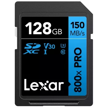 SDXC atmiņas karte Lexar 128GB UHS-I 800xPRO Class 10 U3 V30 — 150 MB/s lasīšana, 45 MB/s rakstīšana, melna