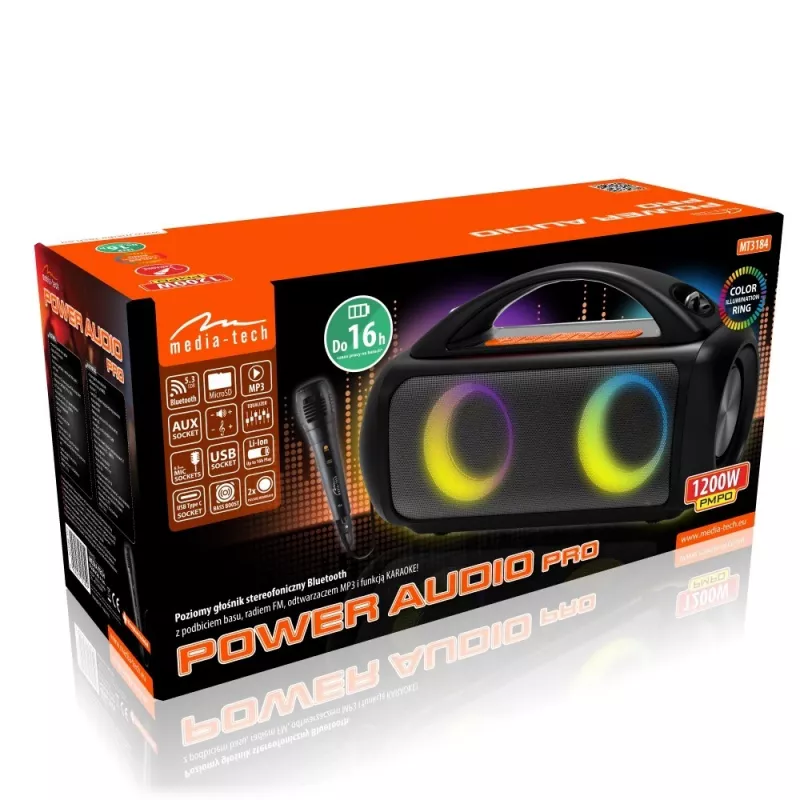 Pārnēsājams skaļrunis MEDIA-TECH MT3184 — Bluetooth 5.3, 60W RMS, IPX5, Li-Ion akumulators 16h, USB-C uzlāde, MicroSD, TWS, mikrofons, tālvadība