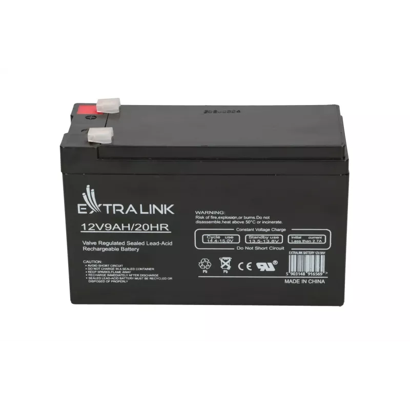 Hermētiska svina-skābes (VRLA) baterija 12V 9Ah Extralink – AGM, 1 gab., melna