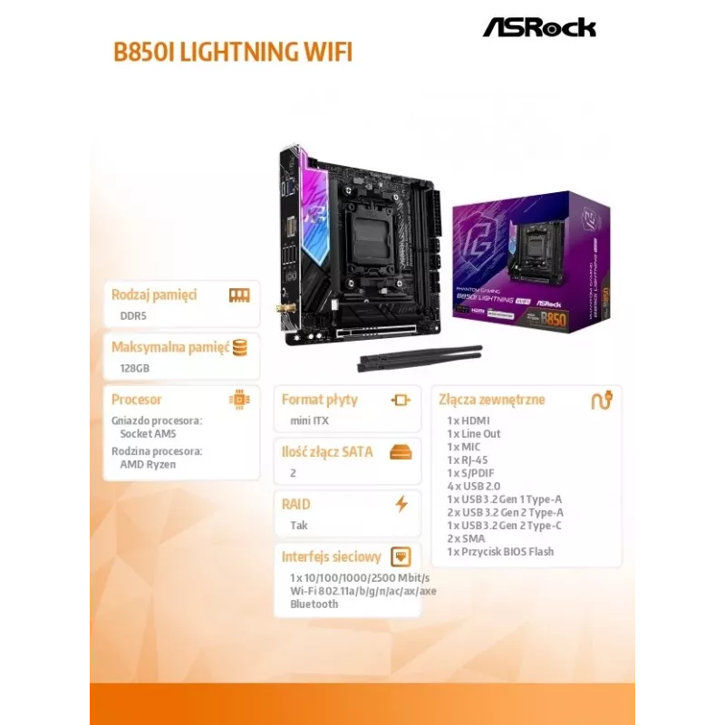 ASRock B850I Lightning WiFi AM5 Mini-ITX mātesplate