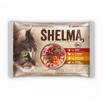 Mitrā kaķu barība SHELMA multipaka 4×85 g — pieaugušiem kaķiem, pilnvērtīga mitrā barība ar vistu, tītaru, liellopu, pīli, bez graudaugiem