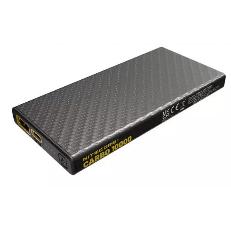 Pārnēsājams ārējais akumulators Nitecore CARBO 10000 — litija jonu 10000 mAh, 38 W PD, USB‑A + USB‑C, pelēks