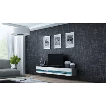 TV skapis Cama Meble VIGO NEW 30/140/40 — 1400×400×300 mm, pelēka virsma, skaidu plātne, pelēks rāmis, baltas spīdīgas durvis