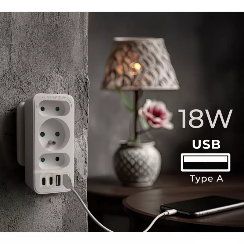 Strāvas sadalītājs MACLEAN MCE248 F/W — 3 maiņstrāvas kontaktligzdas (1×16A, 2×6A) + 4×USB (2×A, 2×C PD 20W), ES kontaktdakša, balts