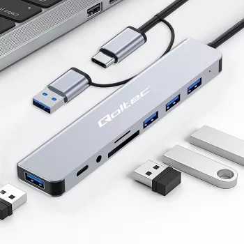 QOLTEC USB-C centrmezgls 4x USB + SD/TF karšu lasītājs, modelis 53794