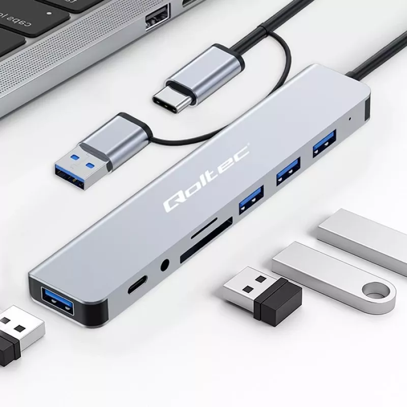 QOLTEC USB-C centrmezgls 4x USB + SD/TF karšu lasītājs, modelis 53794