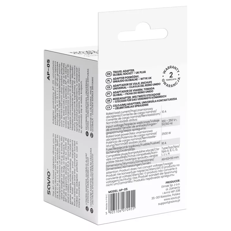 Savio AP-05 strāvas adapteris iekštelpām 2500 W balts
