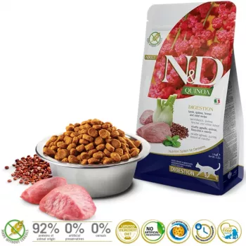 Sausā kaķu barība Farmina N&D Quinoa Adult Lamb 1.5 kg — Jēra gaļa, 33% proteīns, 21.5% tauki, bez lipekļa un sojas