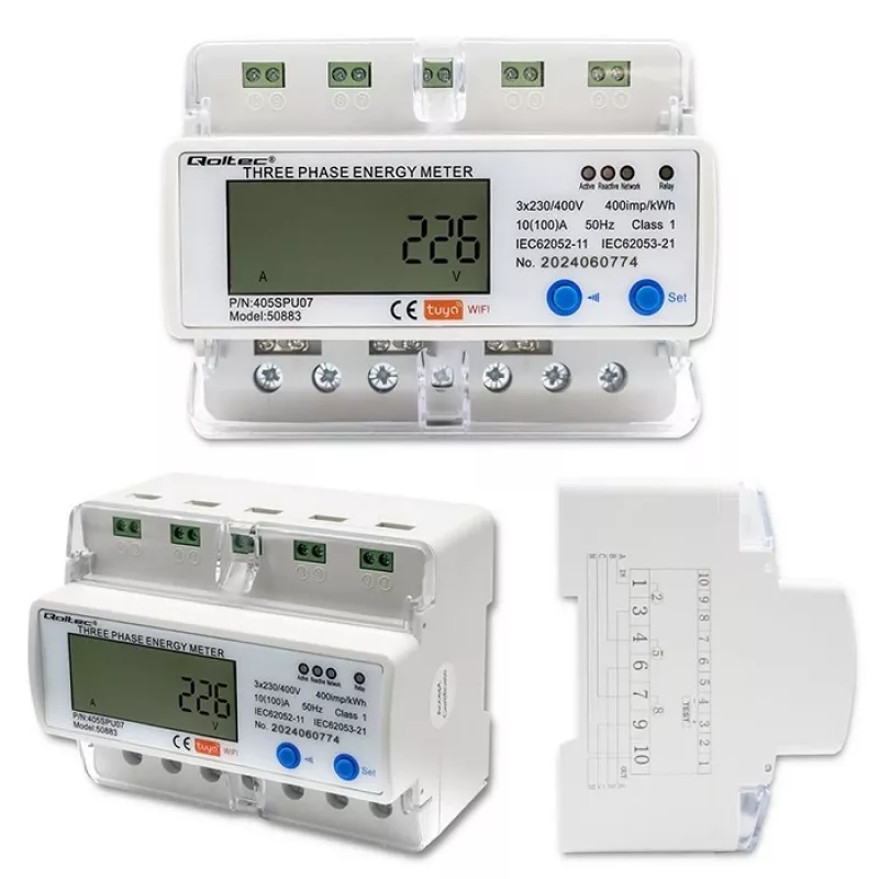 Trīsfāžu elektroenerģijas skaitītājs QOLTEC 50883 Wi‑Fi 400V ar LCD displeju