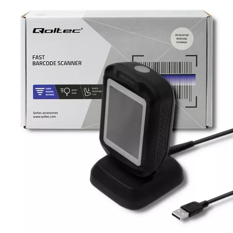 Fiksēts 1D/2D svītrkodu lasītājs QOLTEC 50864, LED sensors, USB vadu savienojums, melns, 145×85×80 mm